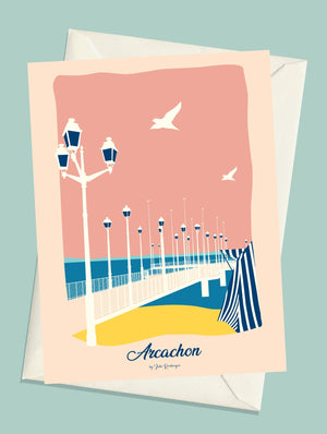 Carte postale illustrée intitulée “Arcachon, Jetée Thiers” par Julie Roubergue, représentant le fameux debarcadère dans des tons vifs.