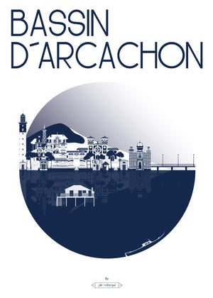 Carte postale illustrée intitulée “Bassin d'Arcachon, La Ville” par Julie Roubergue, représentant de façon graphique les lieux emblématiques du Bassin d'Arcachon en marine.