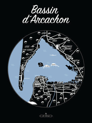 Carte postale illustrée intitulée “Bassin d'Arcachon, Le Plan” par Julie Roubergue, représentant sous forme de plan les lieux emblématiques du Bassin d'Arcachon en blanc sur fond noir.