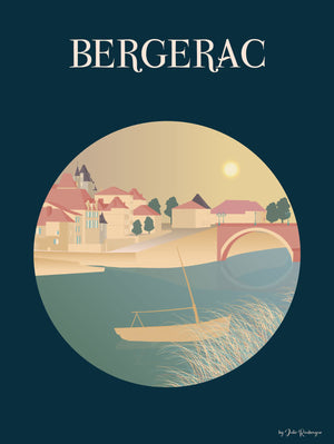 Carte postale illustrée intitulée “Bergerac” par Julie Roubergue, représentant la jolie ville de Bergerac avec en premier plan la Dordogne dans des tons ocres sur fond marine.