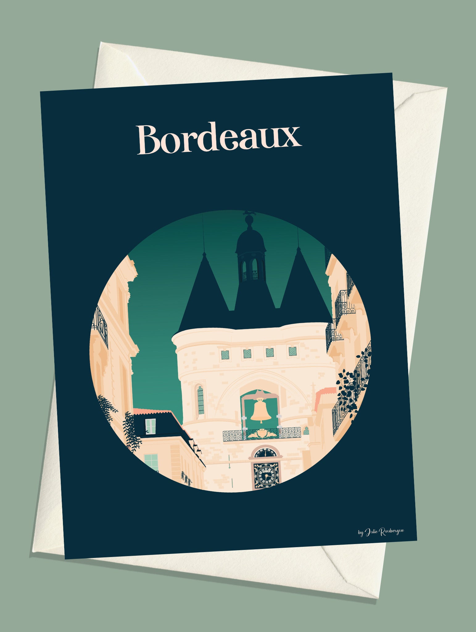 Carte postale illustrée intitulée “Bordeaux, La Grosse Cloche” par Julie Roubergue, représentant ce fameux monument avec un fond bleu profond.