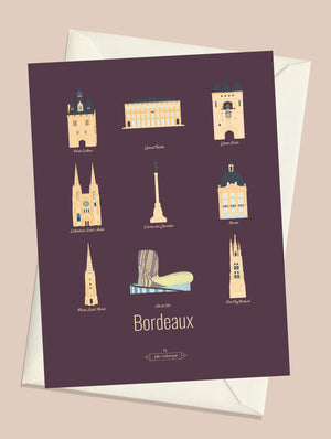 Carte postale illustrée intitulée “Bordeaux, Les iconiques” par Julie Roubergue, représentant les monuments emblématiques de Bordeaux avec un fond grenat.