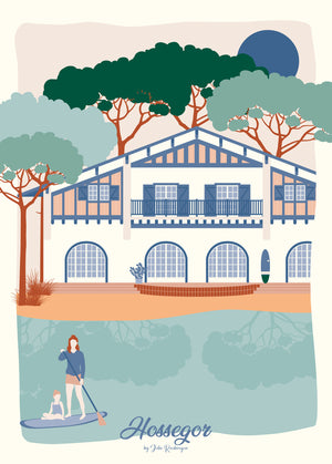 Carte postale illustrée intitulée " Hossegor, Le Lac" par Julie Roubergue, représentant le lac et une villa basco-landaise dans les tons pastel.