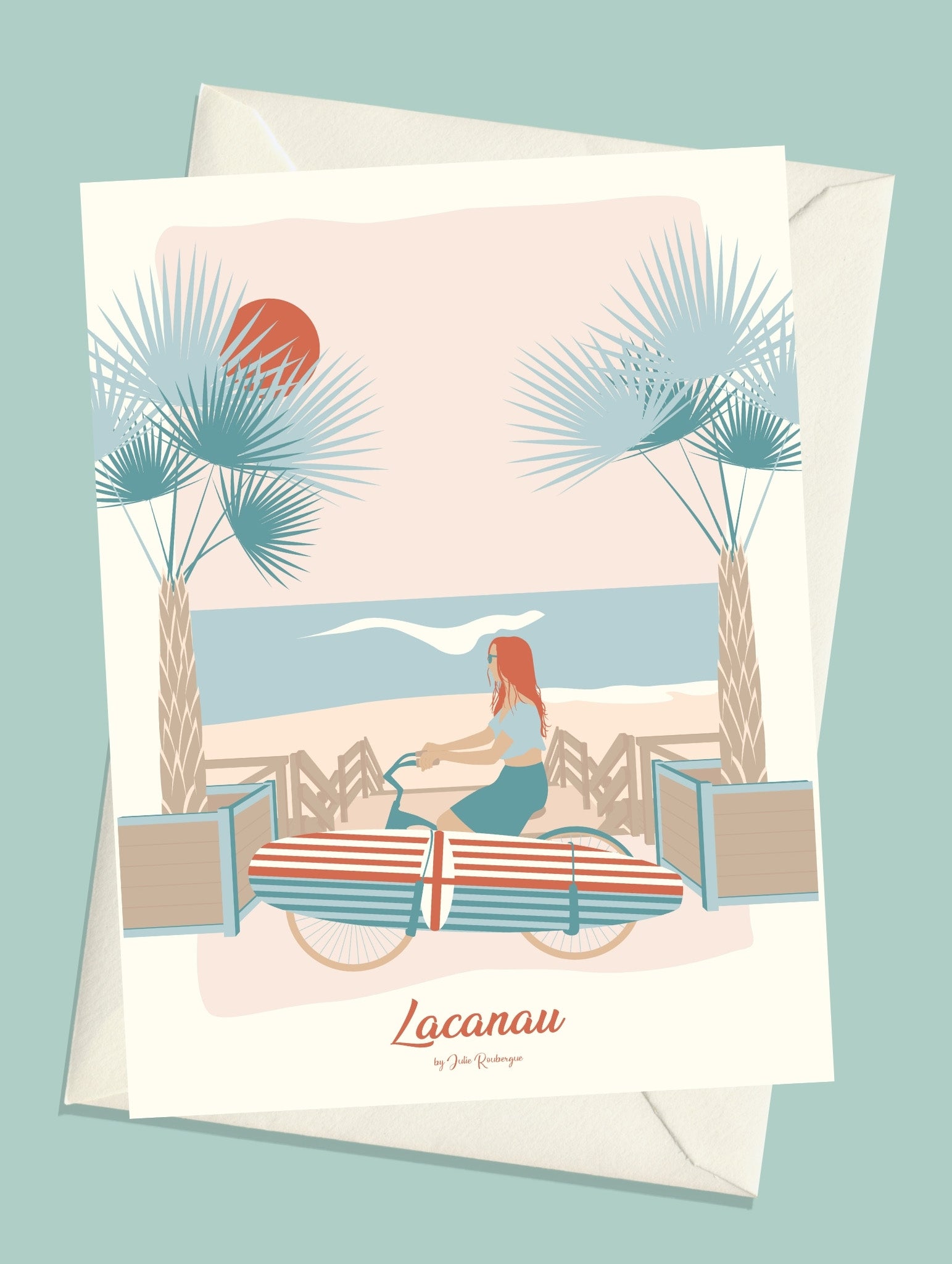 Carte postale Lacanau Le Vélo avec son enveloppe blanche, idéale pour un joli courrier ou un cadeau.