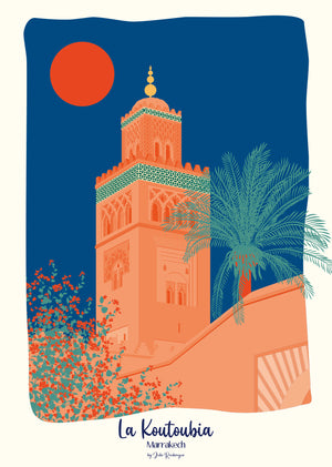 Carte postale illustrée intitulée “Marrakech, La Koutoubia” par Julie Roubergue, représentant le fameux minaret dans les tons ocres et bleus.